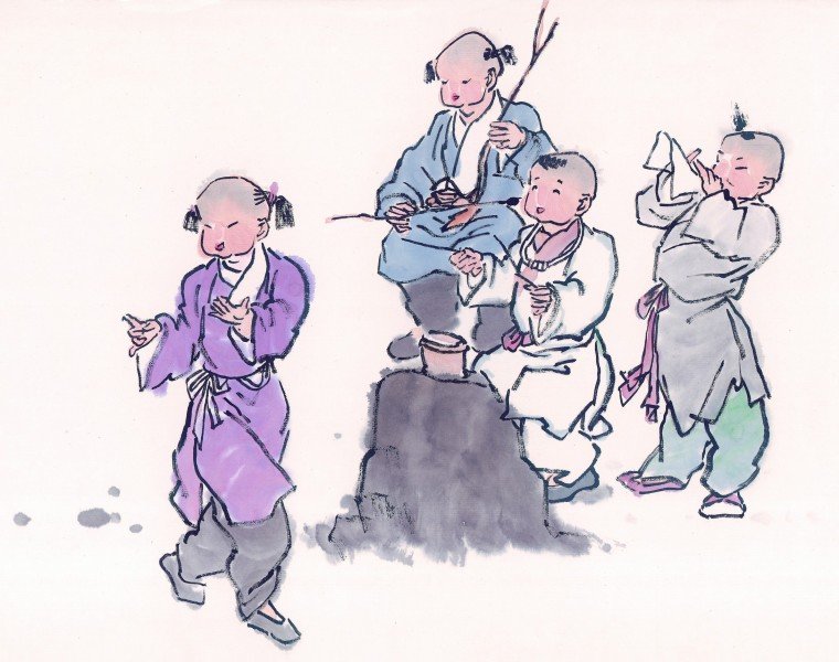 线描古代儿童玩耍图（一）