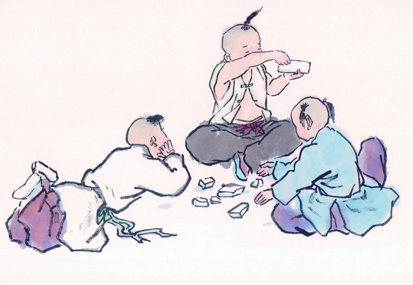 线描古代儿童玩耍图（一）