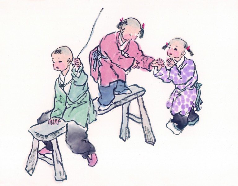线描古代儿童玩耍图（一）