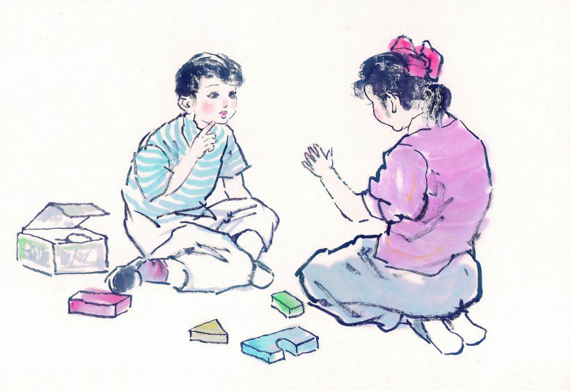 线描古代儿童玩耍图（一）