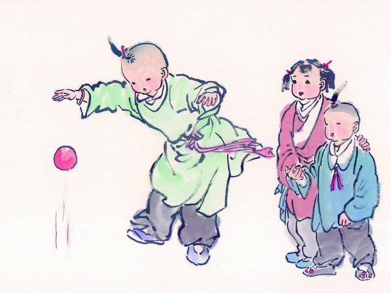 线描古代儿童玩耍图（一）