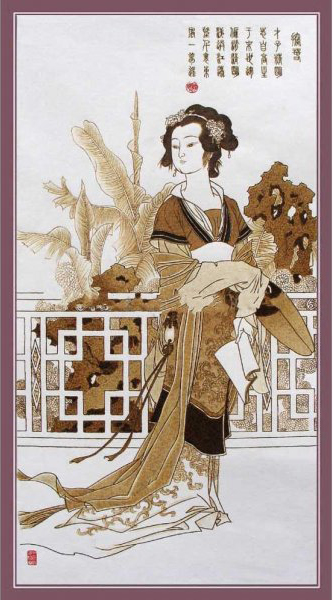 精美的金陵十二钗主题丝绢烙画艺术作品