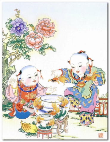 天津杨柳青孩童主题元素年画作品
