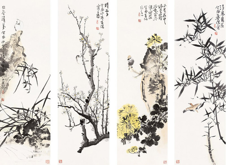 中国传统绘画梅兰竹菊四屏