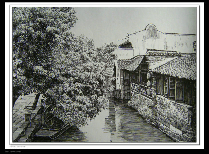 精细的水乡风景钢笔画艺术作品