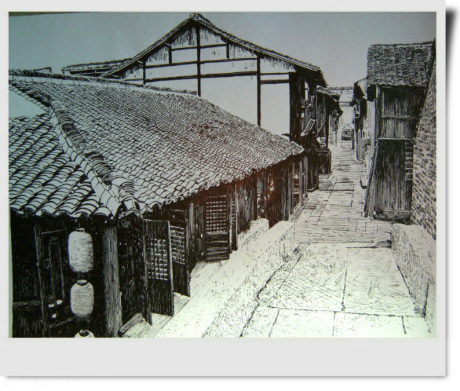 精细的水乡风景钢笔画艺术作品