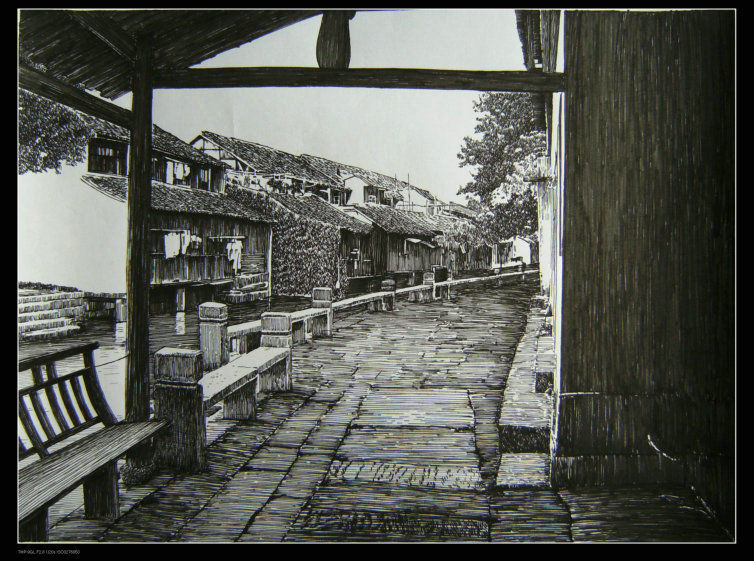 精细的水乡风景钢笔画艺术作品