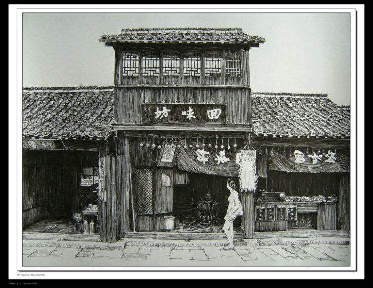 精细的水乡风景钢笔画艺术作品