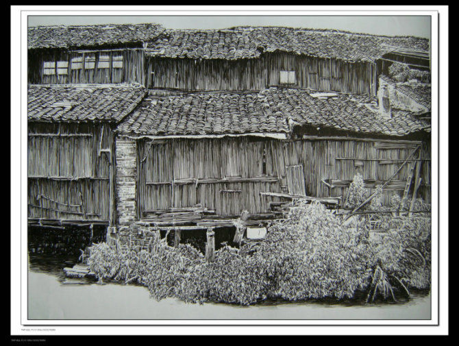 精细的水乡风景钢笔画艺术作品