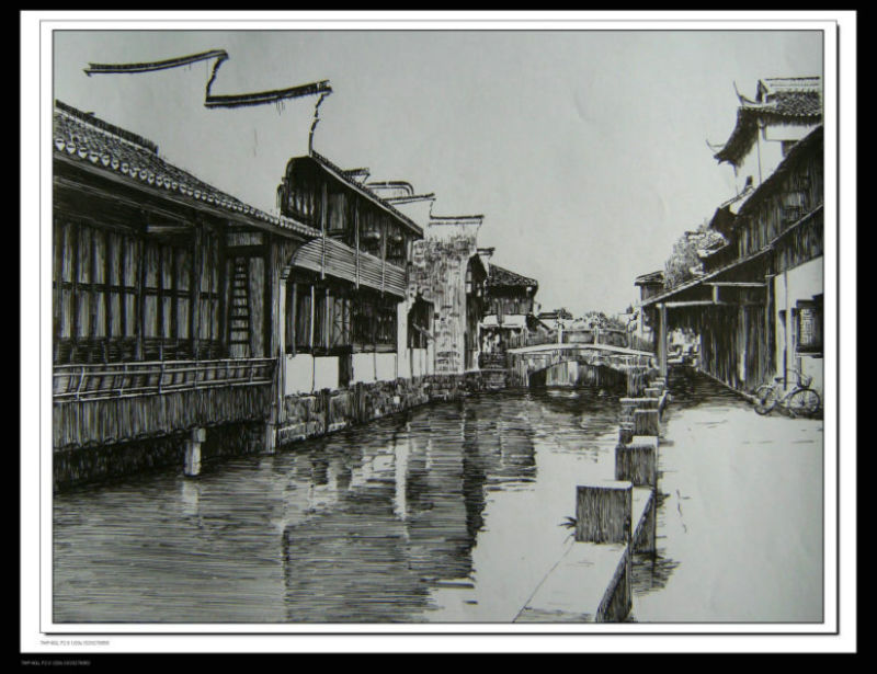 精细的水乡风景钢笔画艺术作品