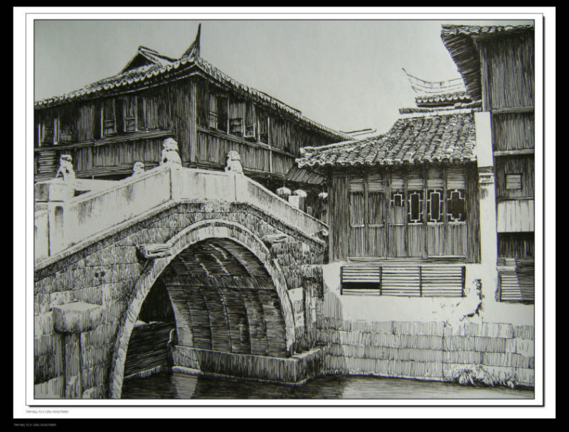 精细的水乡风景钢笔画艺术作品