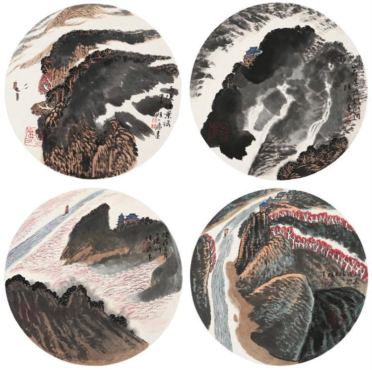 当代画家陆一飞山水扇面绘画作品