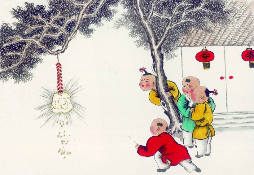 线描古代儿童玩耍图（三）