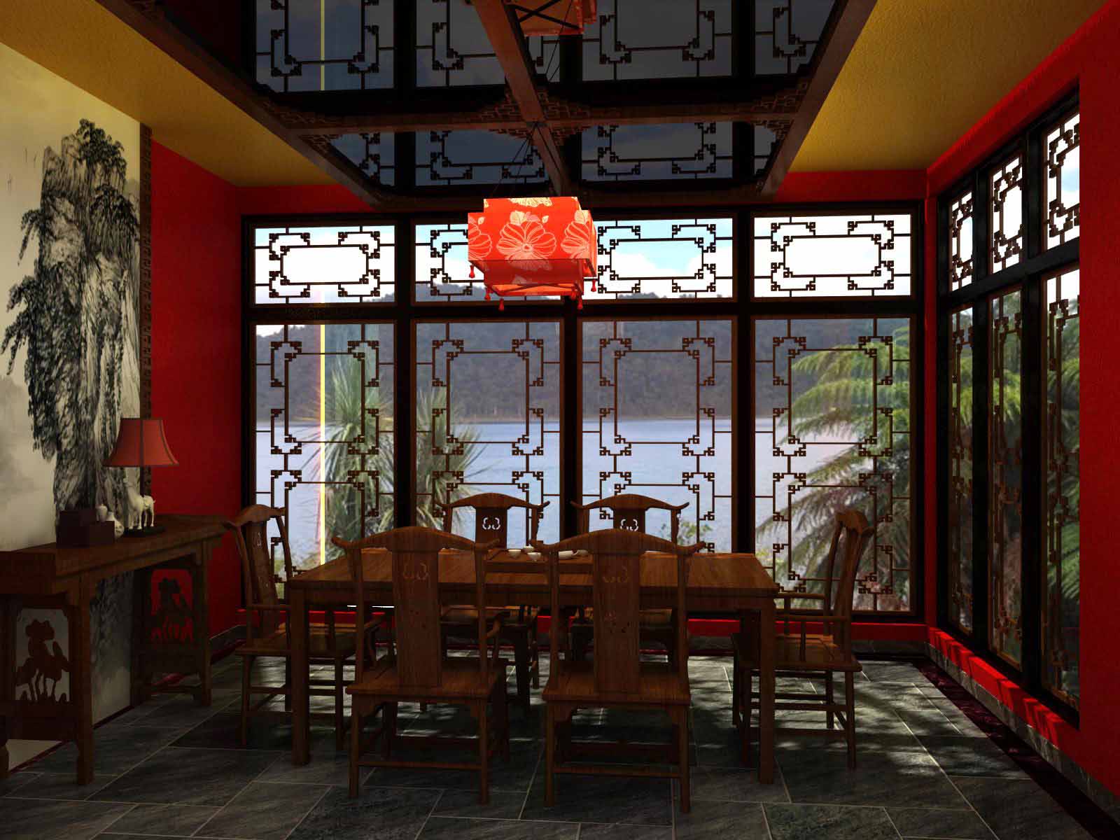 复古中式风格餐厅个性灯具效果图设计